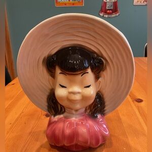 ROYAL COPLEY HEAD VASE VINTAGE ASIAN GIRL VINTAGE PIG TAILS BONNET LARGE